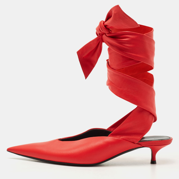 Balenciaga Shoes - Balenciaga Red Leather Knife  Pointed Toe Ankle Wrap Pumps